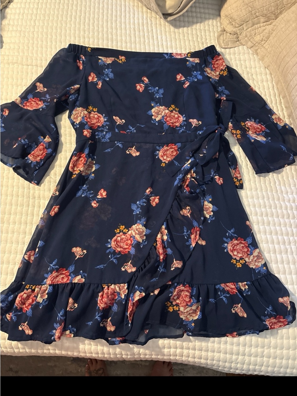 Off-Shoulder Navy Floral Wrap Dress